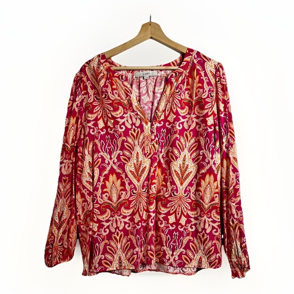 LOFT Paisley Leaf Multicolor Split Neck Long Sleeve Blouse Size XL Pink Orange